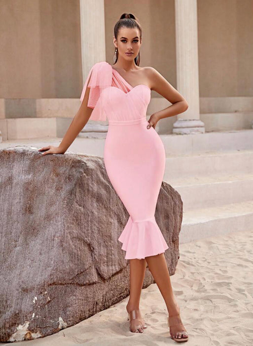 One Shoulder Mermaid Bandage Dress- Baby Pink