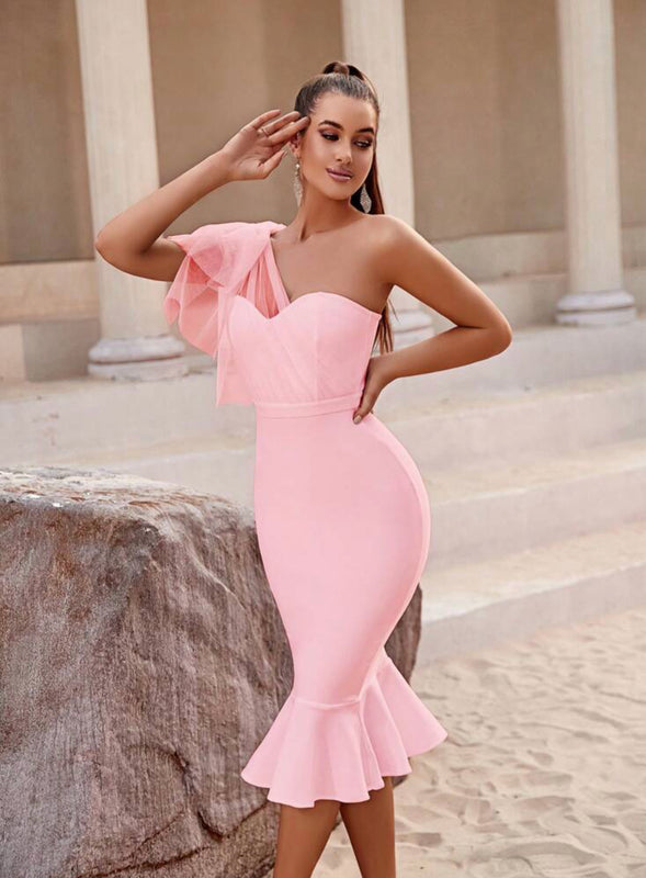 One Shoulder Mermaid Bandage Dress- Baby Pink