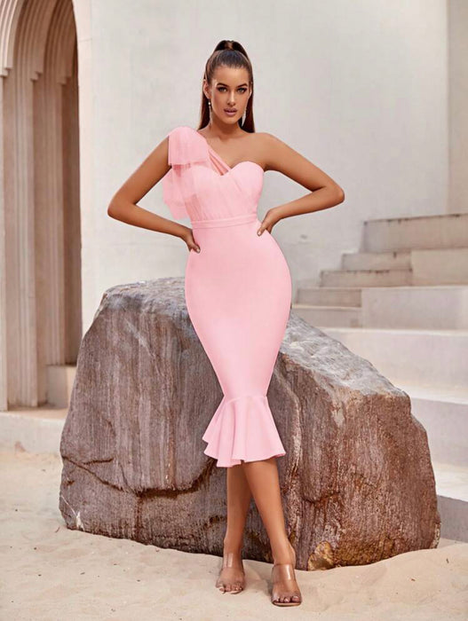 One Shoulder Mermaid Bandage Dress- Baby Pink