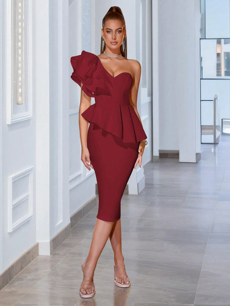 Exaggerated Ruffled Dress- Burgundy