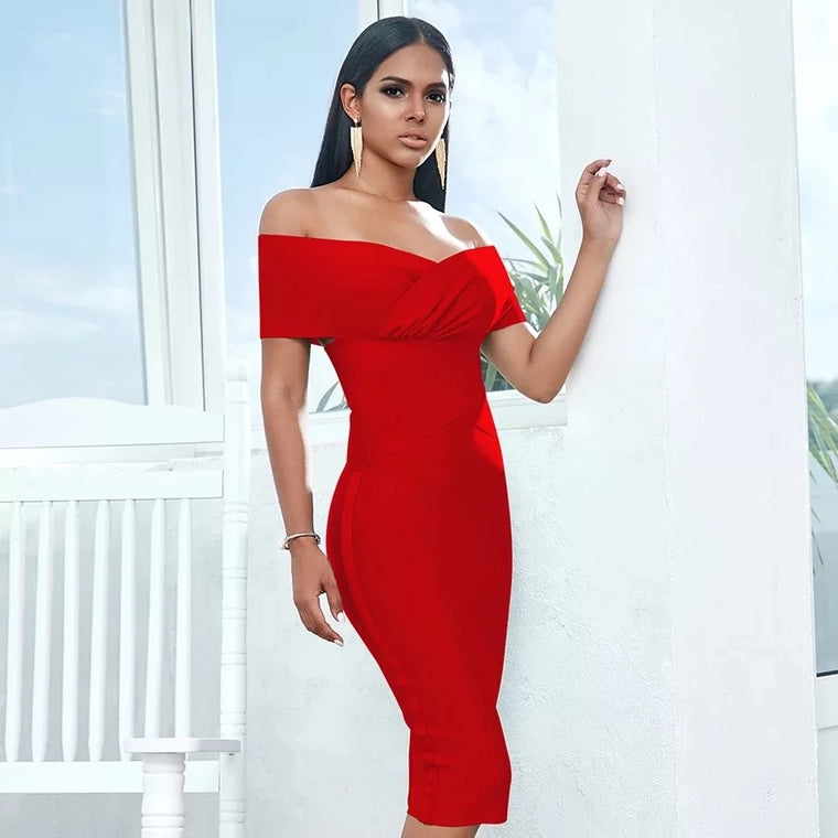 Abbey Off Shoulder Bandage Dress- Red