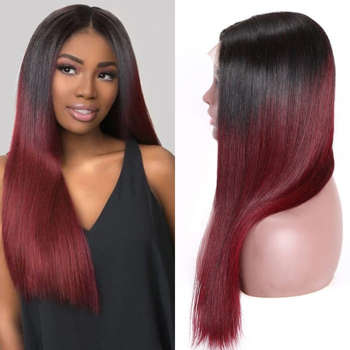 Ombré burgundy Brazilian Human hair Remy Transparent front lace