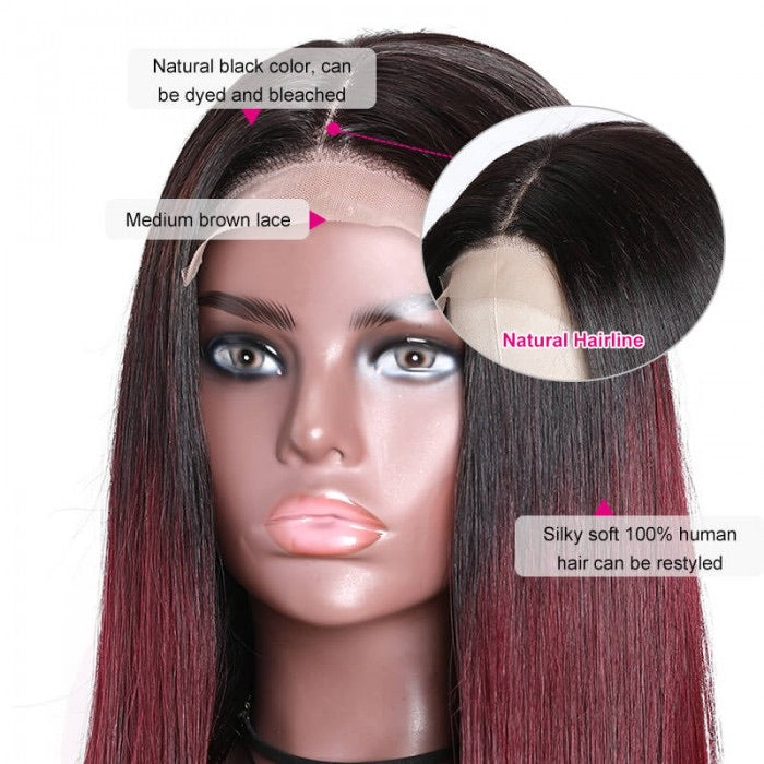 Ombré burgundy Brazilian Human hair Remy Transparent front lace