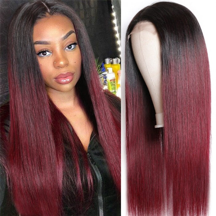 Ombré burgundy Brazilian Human hair Remy Transparent front lace